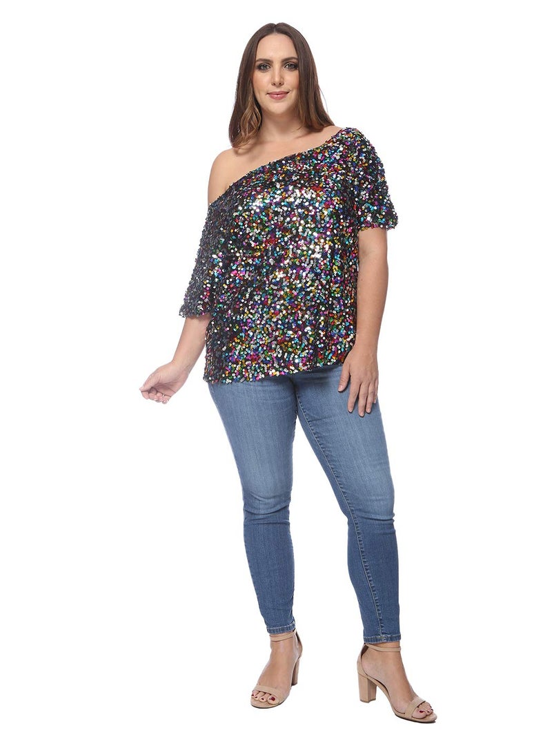Anna-Kaci Women's Plus Size Sequin Sexy One Shoulder Short Sleeve Party Club Top, Multicolored, Large - Image 5